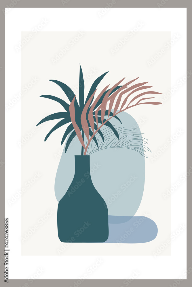 Template with abstract composition of simple shapes. tropical palm leaves in a vase. Collage style, minimalism. Pastel earthy colors. Vector banners for postcards and covers for social networks Template with abstract composition of simple shapes. tropical palm leaves in a vase. Collage style, minimalism. Pastel earthy colors. Vector banners for postcards and covers for social networks