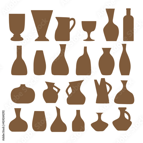 A set of vases of various shapes. Silhouettes of pots and bottles in ceramic  glass and concrete. Boho design elements for and creating posters. Vector illustrations