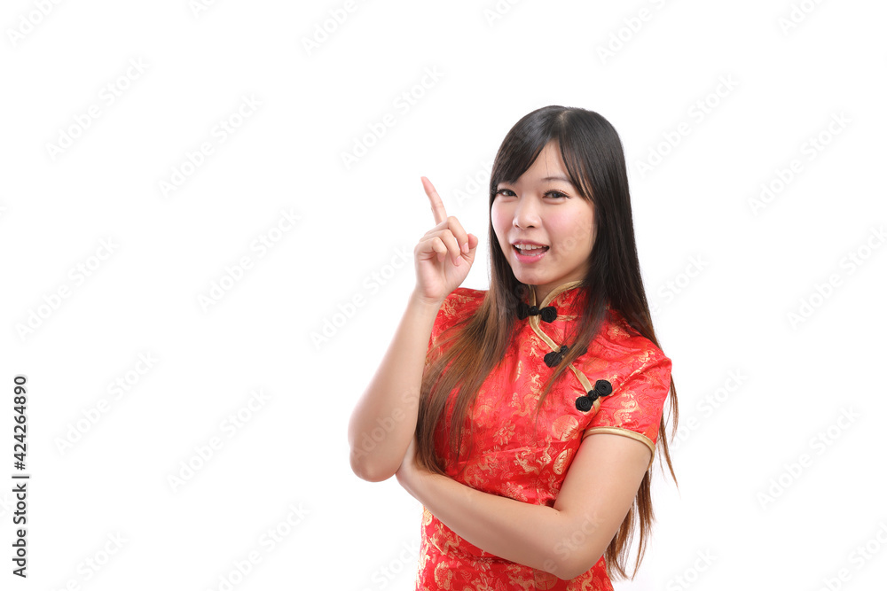 beauty woman wear red cheongsam looking and smile in chinese new year beauty woman wear red cheongsam looking and smile in chinese new year