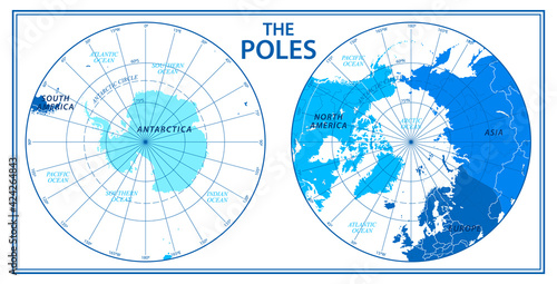 The Poles - North Pole and South Pole - Vector Detailed Illustration. Blue and White