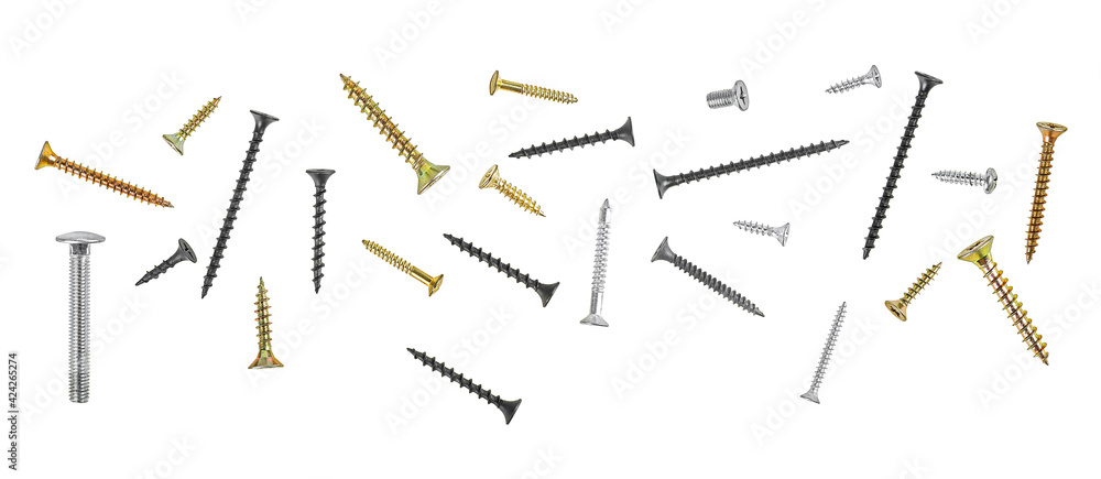 Different screws isolated on a white background, top view. Mixed screws. Different screws isolated on a white background, top view. Mixed screws.