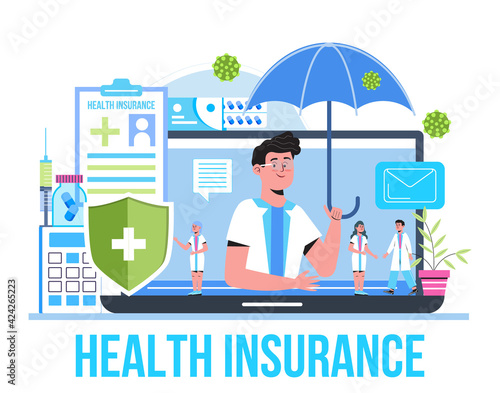 Medical, healthcare insurance vector concept, people with doctor fill health online form insurance. Help agent service for calculate insurance bill. it can used for header, ui, web