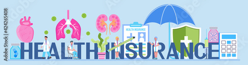 Medical, healthcare insurance vector concept, people with doctor fill health online form insurance. Help agent service for calculate insurance bill. it can used for header, ui, web