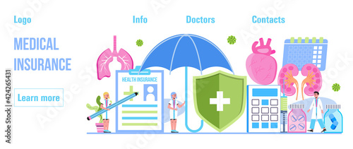 Medical, healthcare insurance vector concept, people with doctor fill health online form insurance. Help agent service for calculate insurance bill. it can used for header, ui, web