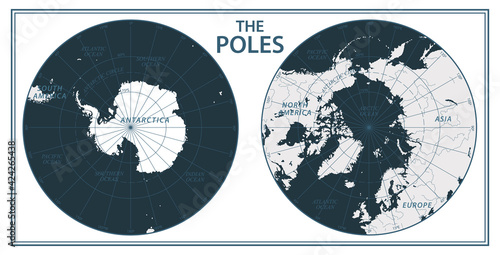 The Poles - North Pole and South Pole - Vector Detailed Illustration. Black and White