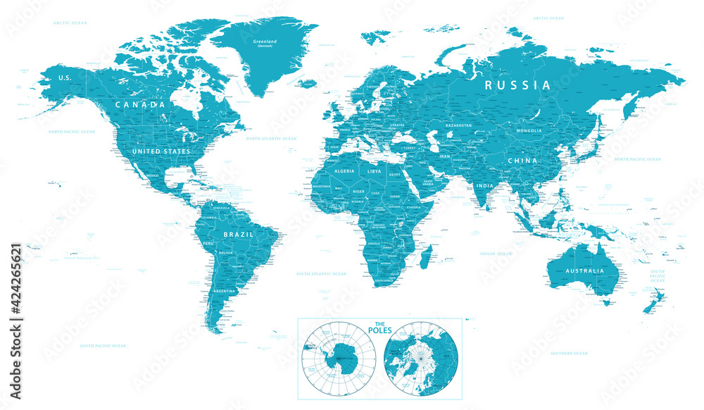 Obraz World Map Political and Poles - vector illustration. Highly detailed map of the world: countries, cities, water objects