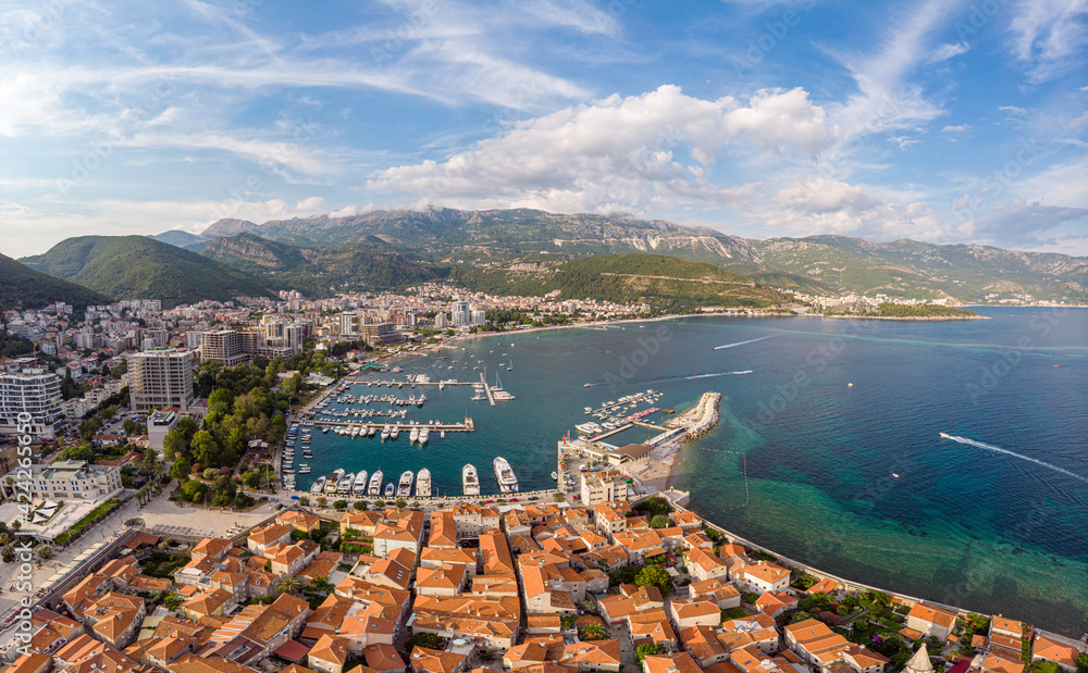 Aerial view of Budva, the old city (stari grad) of Budva, Montenegro. Jagged coast on the Adriatic Sea