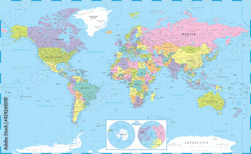 World Map Political and The Poles - Vector Detailed Illustration
