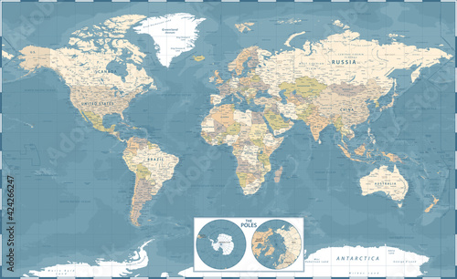 World Map and The Poles - Vintage Political - Vector Detailed Illustration