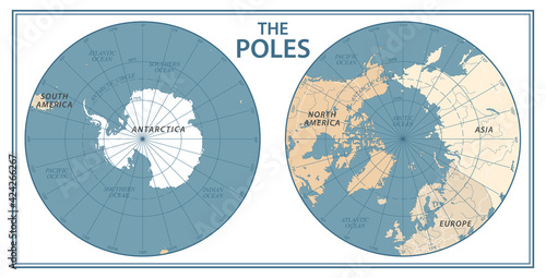 The Poles - North Pole and South Pole - Vector Detailed Illustration. Physical Vintage