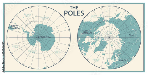 The Poles - North Pole and South Pole - Vector Detailed Illustration. Physical Vintage