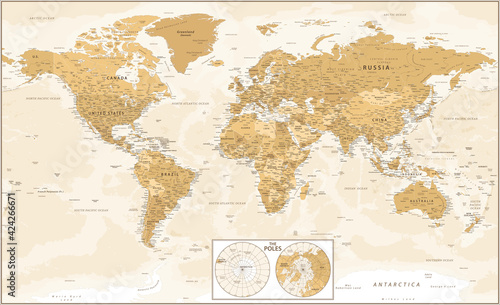 World Map and Poles - Golden Vintage Political Topographic - Vector Detailed Layered Illustration