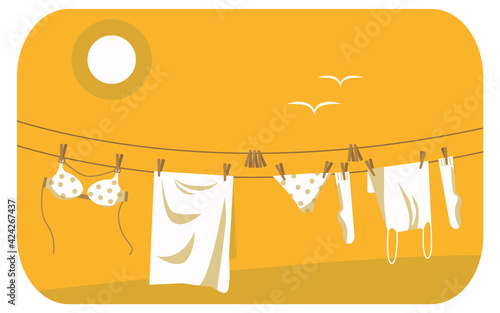 The laundry is dried in the sun. Monochrome.