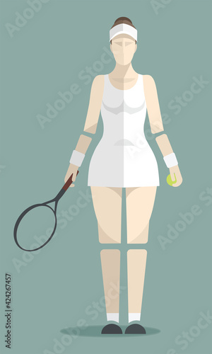 A young beautiful tennis player in a white dress, a visor with wristbands and a racket with a ball in her hands stands on a green background. Vector illustration, isolated. EPS 10.