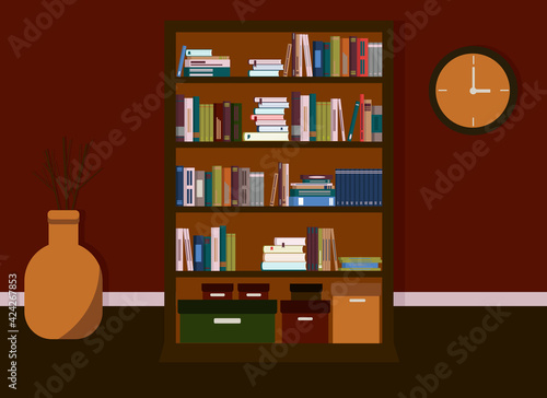 Room interior with bookcase and clock and vase
