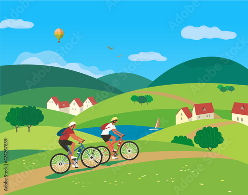 Couple Ride Bicycles on Rural Landscape vector