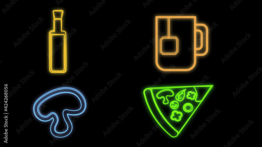 set of realistic isolated neon sign of Pizza logo for template decoration and covering on the wall background. Concept of restaurant, cafe, pizzeria and italian food set of realistic isolated neon sign of Pizza logo for template decoration and covering on the wall background. Concept of restaurant, cafe, pizzeria and italian food