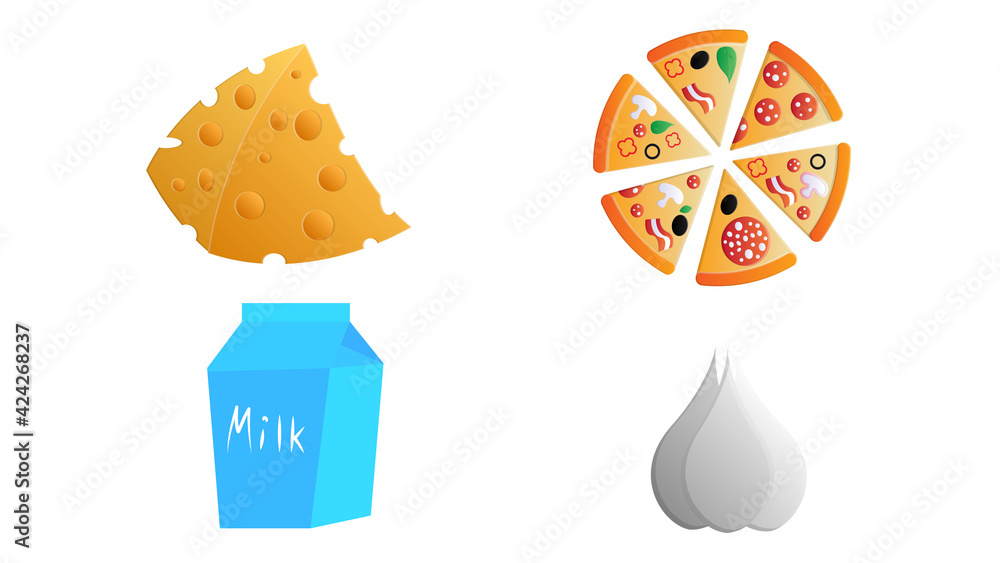Set Of Different Food - Bread, Pie, Biscuit, Cakes, Eaggs, Omelette, Cheese, Milk, Pizza, Coffee, Set Of Different Food - Bread, Pie, Biscuit, Cakes, Eaggs, Omelette, Cheese, Milk, Pizza, Coffee,