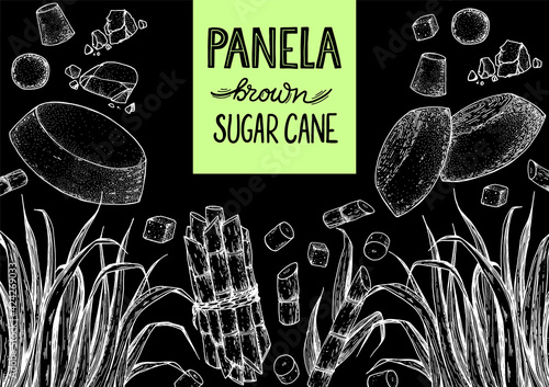 Panela sugar sketch. Hand drawn vector illustration. Vintage design template. Cane sugar. Gur or jggery powder. Organic unrefined. Vintage Design for packaging.