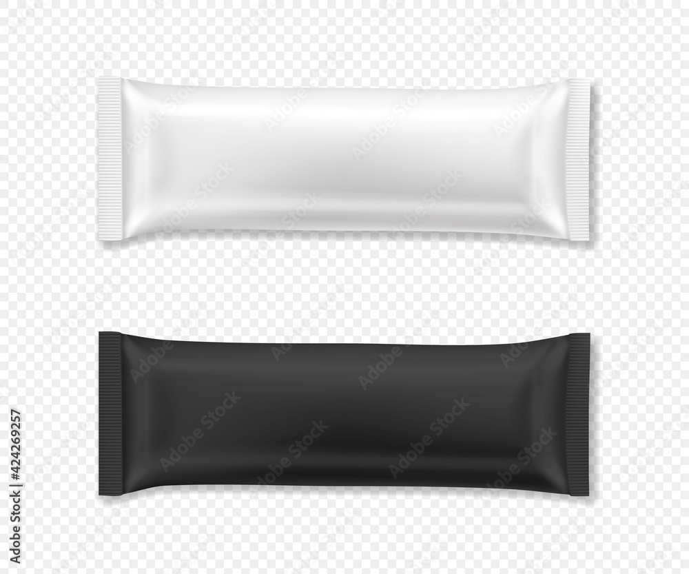 Flow package mockup. Vector realistic illustration of chocolate bar wrapper pack, in white and black color, top view. Ready to eat snack in blank foil wrapper for product design and branding Flow package mockup. Vector realistic illustration of chocolate bar wrapper pack, in white and black color, top view. Ready to eat snack in blank foil wrapper for product design and branding
