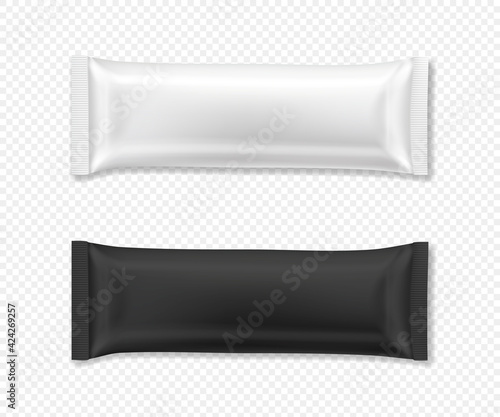 Flow package mockup. Vector realistic illustration of chocolate bar wrapper pack, in white and black color, top view. Ready to eat snack in blank foil wrapper for product design and branding