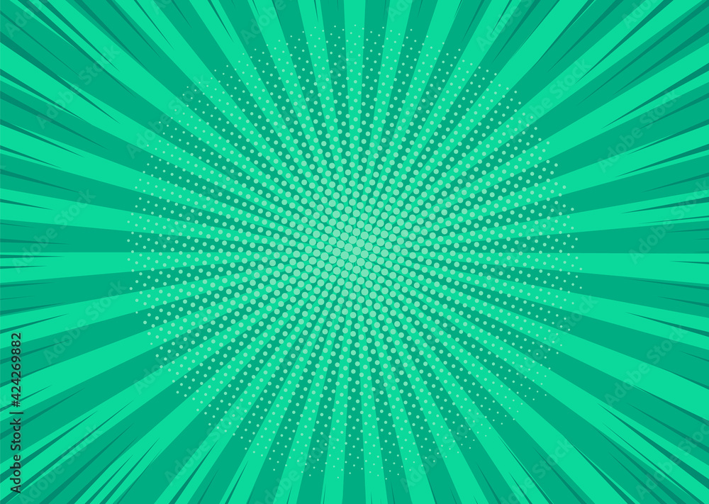 Obraz premium Pop art background. Comic pattern with starburst and halftone. Cartoon retro sunburst effect. Green banner with dots, beams. Vintage sunshine texture. Vector illustration.