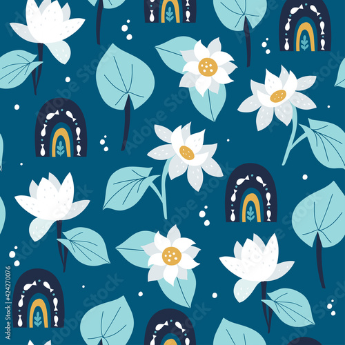 Rainbow and water lilies seamless pattern, Underwater sea world dwellers, Wrapping paper, background. Vector illustration.