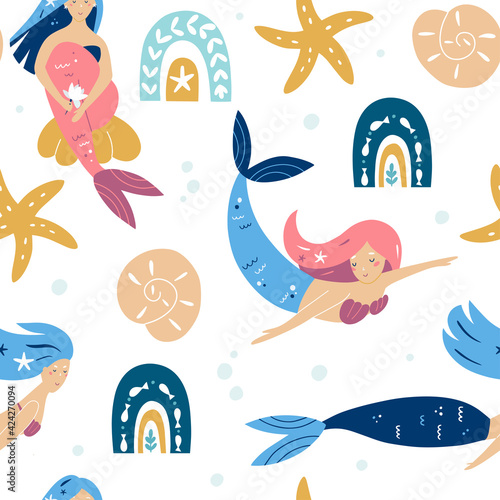 Mermaid seamless pattern, Underwater sea world dwellers, Fairytale kid textile, wrapping paper, background. Vector illustration.