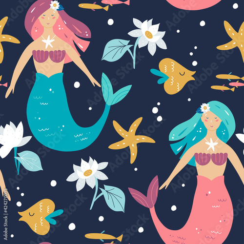 Mermaid and flowers seamless pattern, Underwater sea world dwellers, Fairytale kid textile, wrapping paper, background. Vector illustration.
