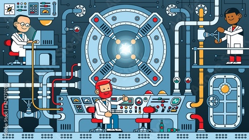 Team of scientists starts reactor in the control room of physics laboratory. Steampunk machine under control of scientists during experiment. Vector illustration.