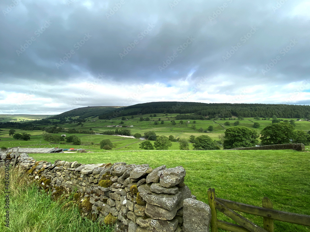 Yorkshire Dales countryside near, Barden Towers, with dry stone walls, fields and hills, on a cloudy day near, Skipton, Yorkshire, UK