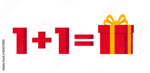 One plus one equals three, get one free as a gift, sale promotion, 3d isometric effect