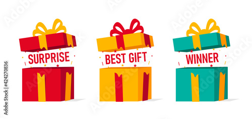 Set of open gift boxes with confetti pooping out of it with big text copy
