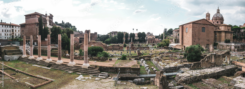 Obraz premium Roman Forum panorama view of Tempio della Pace and Fori Imperiali from streets of Rome, Italy