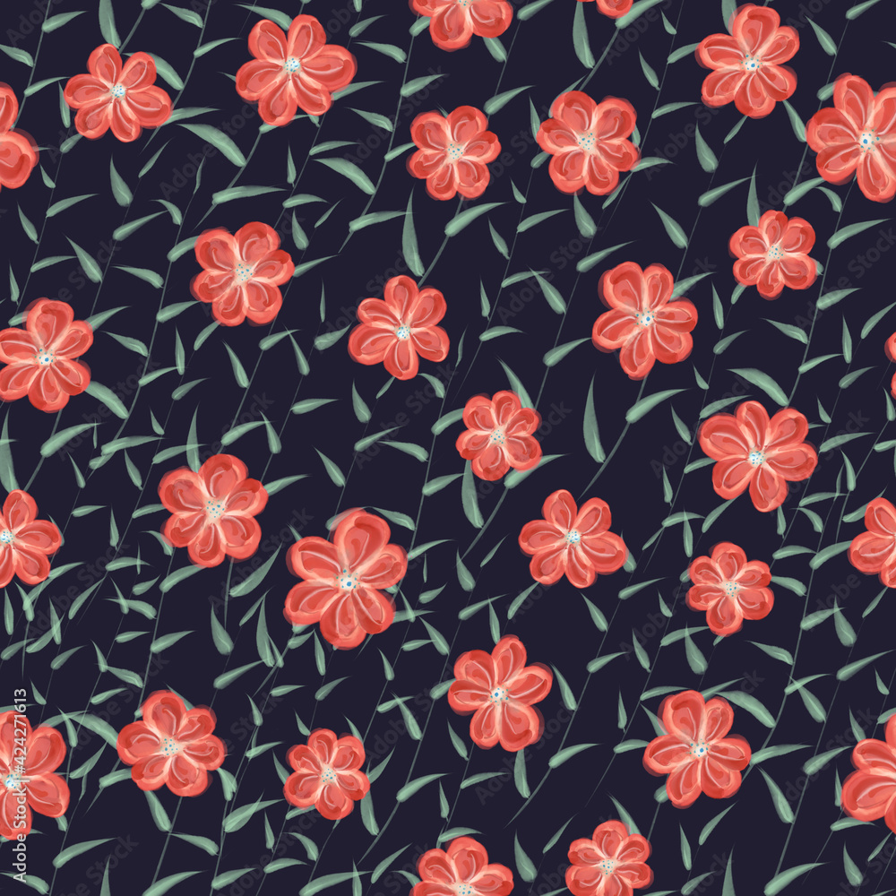 Pink watercolor snowdrop floral seamless pattern with green leaves on black