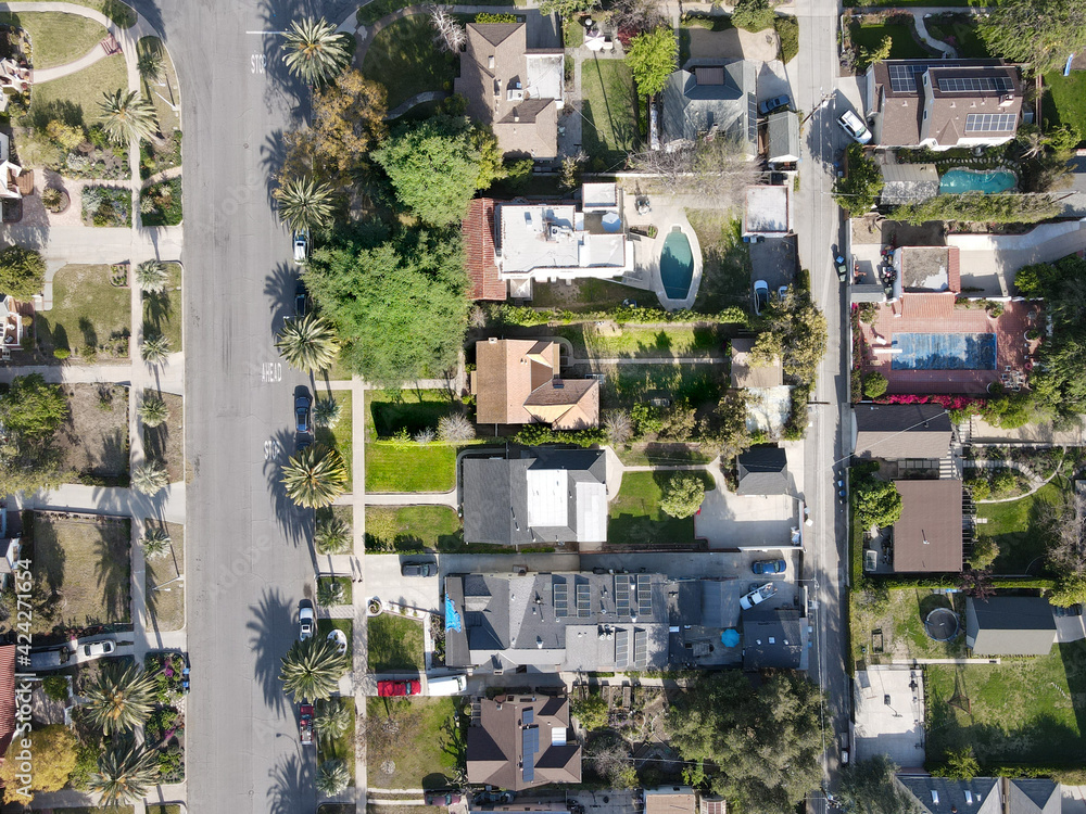 Aerial top view of Pasadena neighborhood in northeast of downtown Los Angeles, California, USA