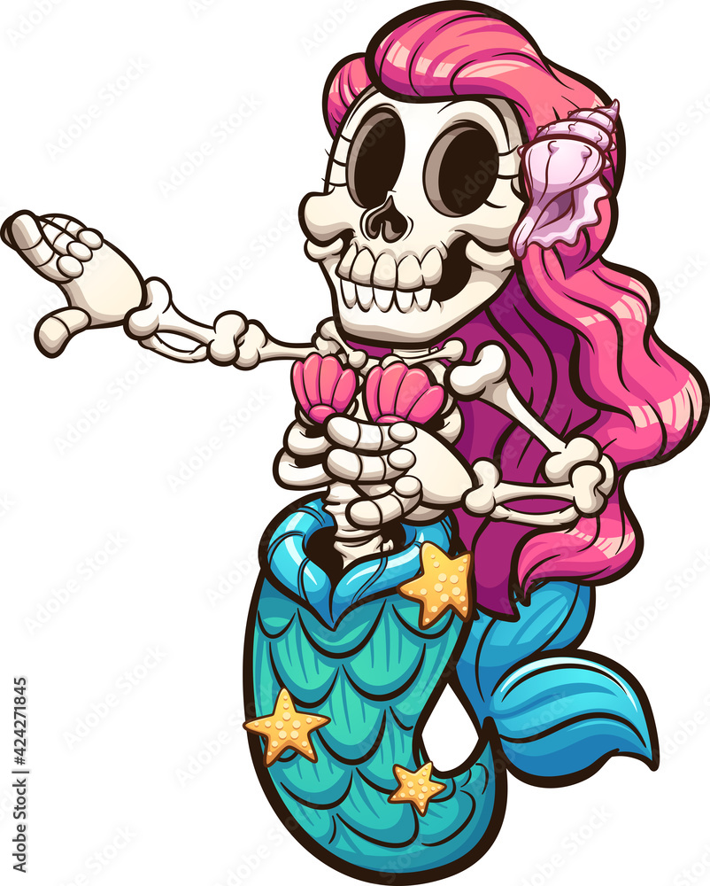 Skeleton mermaid with pink hair dancing. Vector clip art illustration with simple gradients. All on a single layer.
Skeleton mermaid with pink hair dancing. Vector clip art illustration with simple gradients. All on a single layer.