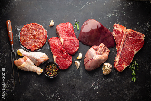 Canvas Print Selection of assorted raw meat food with seasonings for zero carb carnivore diet
