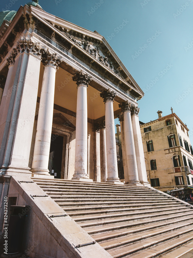 Fototapeta premium Entrance colonnade and stairs of San Simeone Piccolo church. Faces the railroad terminal in Venice, northern Italy. Near the Grand Canal in the sestiere of Santa Croce