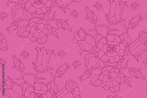 Seamless vector illustration with flowers campanulas on a pink background. For decoration of textiles, packaging, web design.