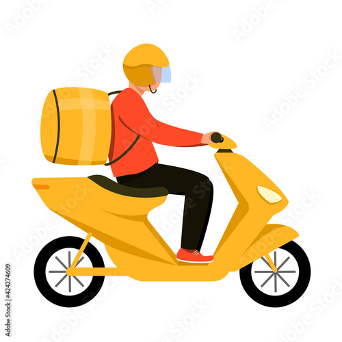 Food delivery man on motorcycle isolated on white background. A delivery man in a helmet on a yellow moped. Vector illustration in flat style
