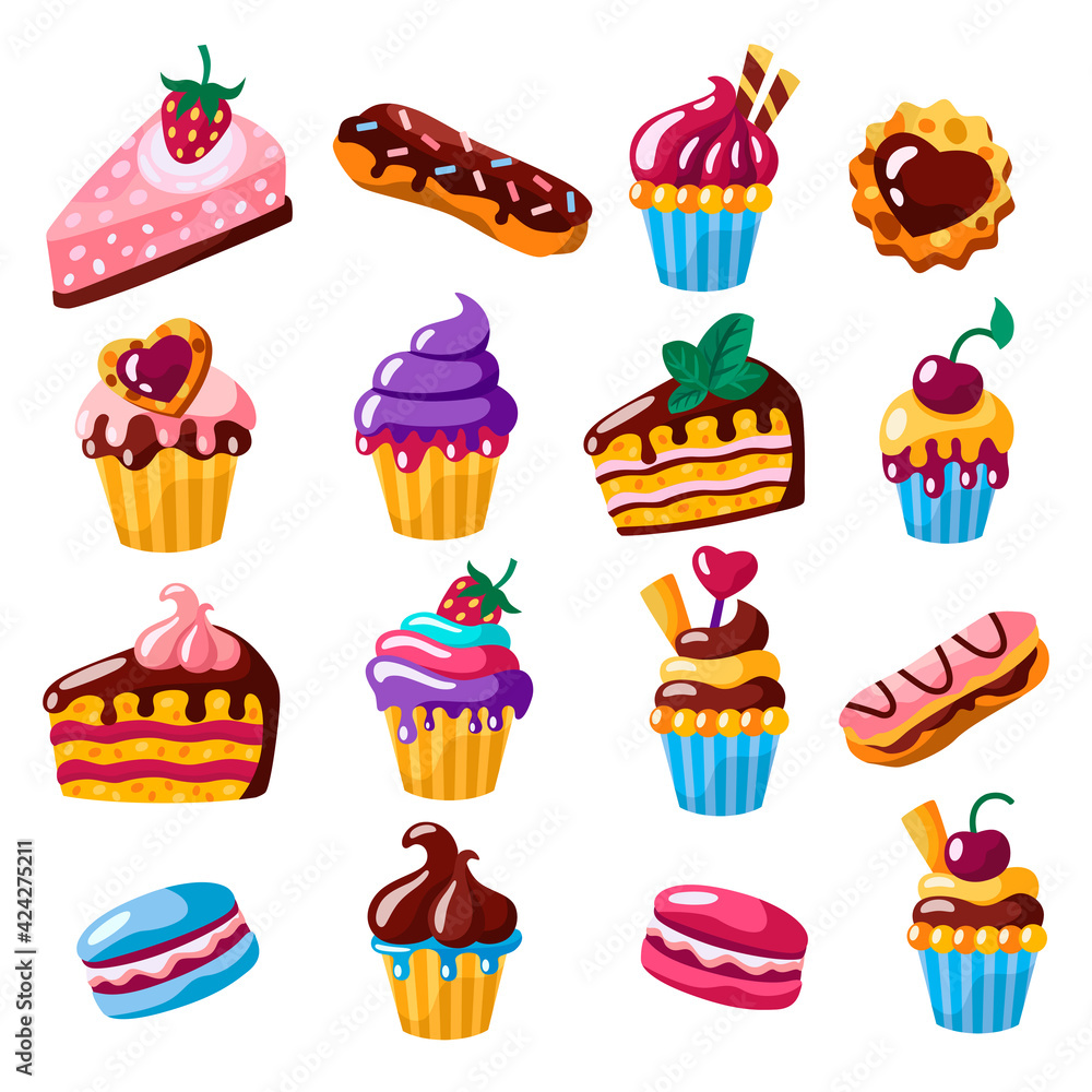 Set of cakes, cupcakes, eclairs, cookies vector flat illustration. Set of cakes, cupcakes, eclairs, cookies vector flat illustration.
