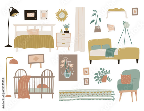 Bedroom furniture set. Interior design home elements collection. Scandinavian modern concept of bed, plant, tripod lamp, armchair, rug and baby cot. Flat vector illustration