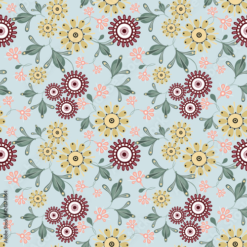 Floral seamless pattern in ethnic painting style. Elegant vector hand drawn texture with small flowers, leaves, buds. Modern folk ornamental background. Retro vintage ornament. Stylish repeat design