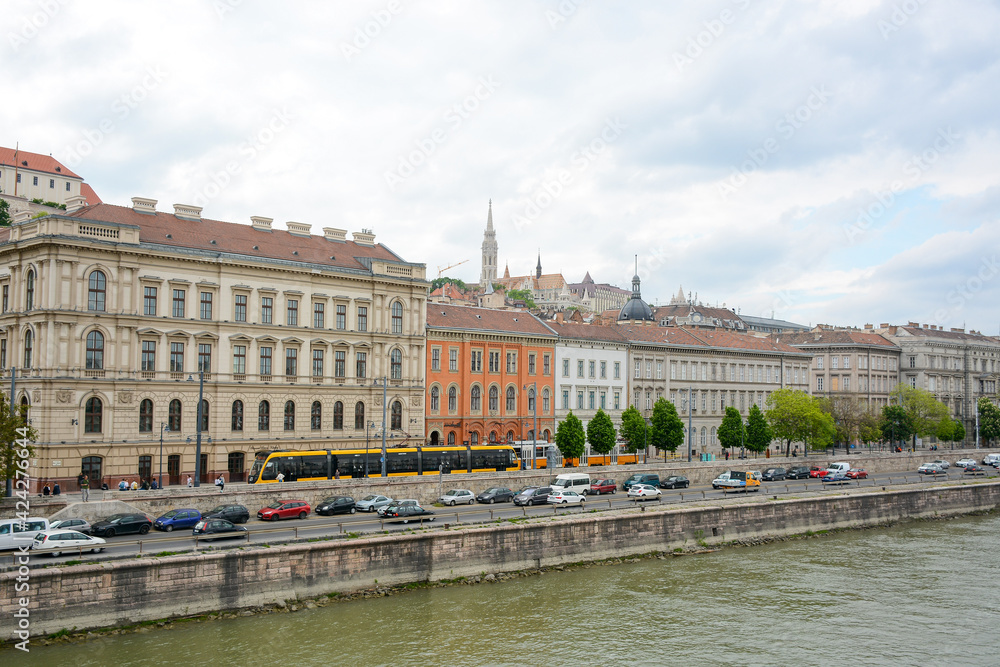 Budapest, Hungary - June 20, 2019: View to Danube river from The Széchenyi Chain Bridge