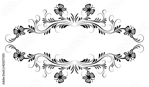 Vintage floral frame ornament with butterflies and flower for decoration greeting card or tattoo isolated on white background