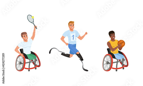 Disabled People Doing Sports Set, Male Athletes Playing Tennis, Basketball and Running Cartoon Vector Illustration