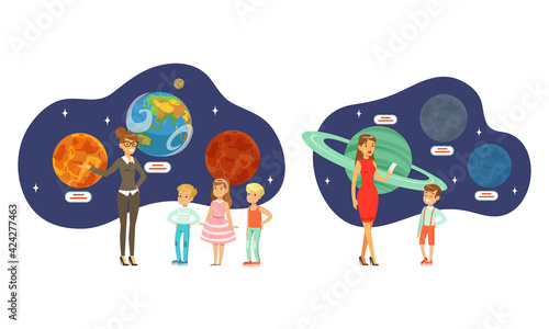 People Visiting Exhibition in Planetarium Set, Visitors Watching Models of Planets Cartoon Vector Illustration