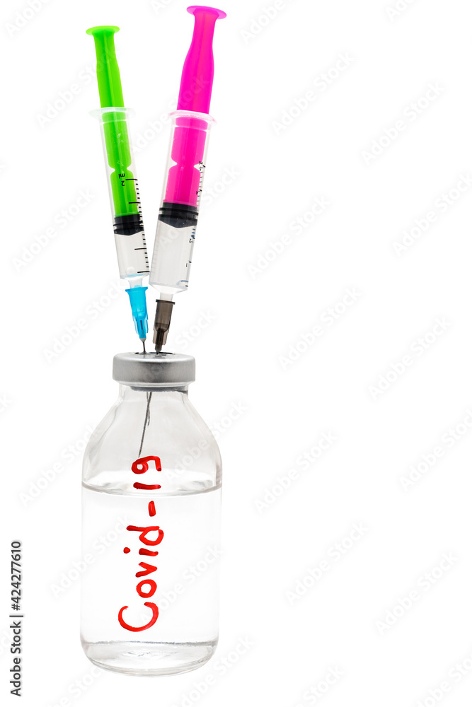 Jar with medicines and syringes of red and green color, code 19. Abstraction - choice to be vaccinated or not Jar with medicines and syringes of red and green color, code 19. Abstraction - choice to be vaccinated or not