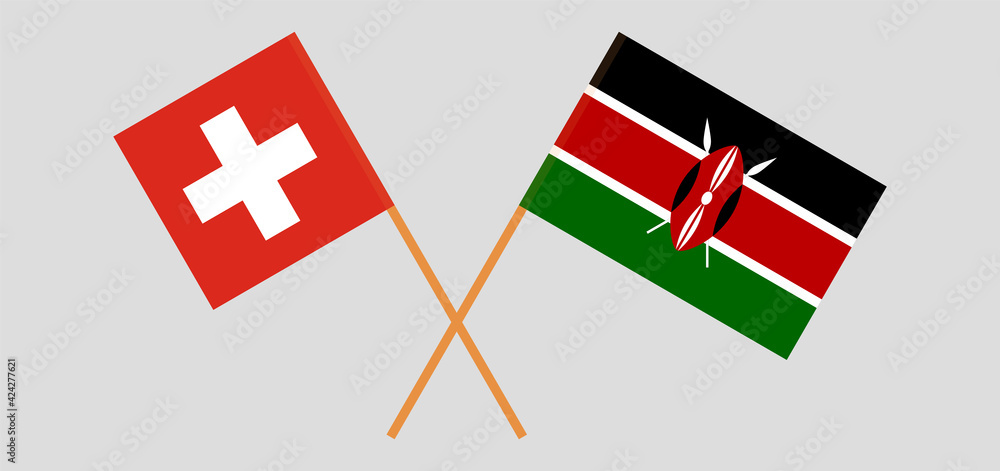 Crossed flags of Kenya and Switzerland. Official colors. Correct proportion